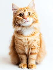 Obraz premium Adorable fluffy orange cat with bright eyes looking curiously at the camera in a well-lit studio : Generative AI