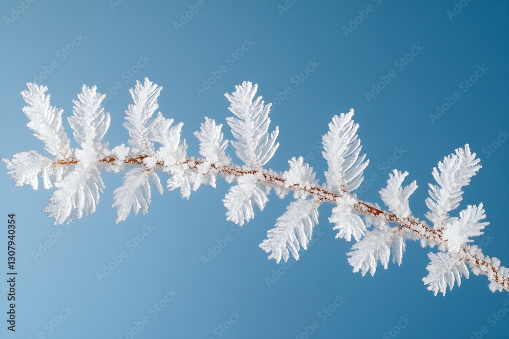 Poster frosty leaves on a branch captured against a soft blue background in winter setting : generative ai