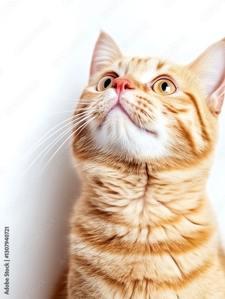 Poster striking orange tabby cat with captivating eyes looking upwards against a simple backdrop : generati