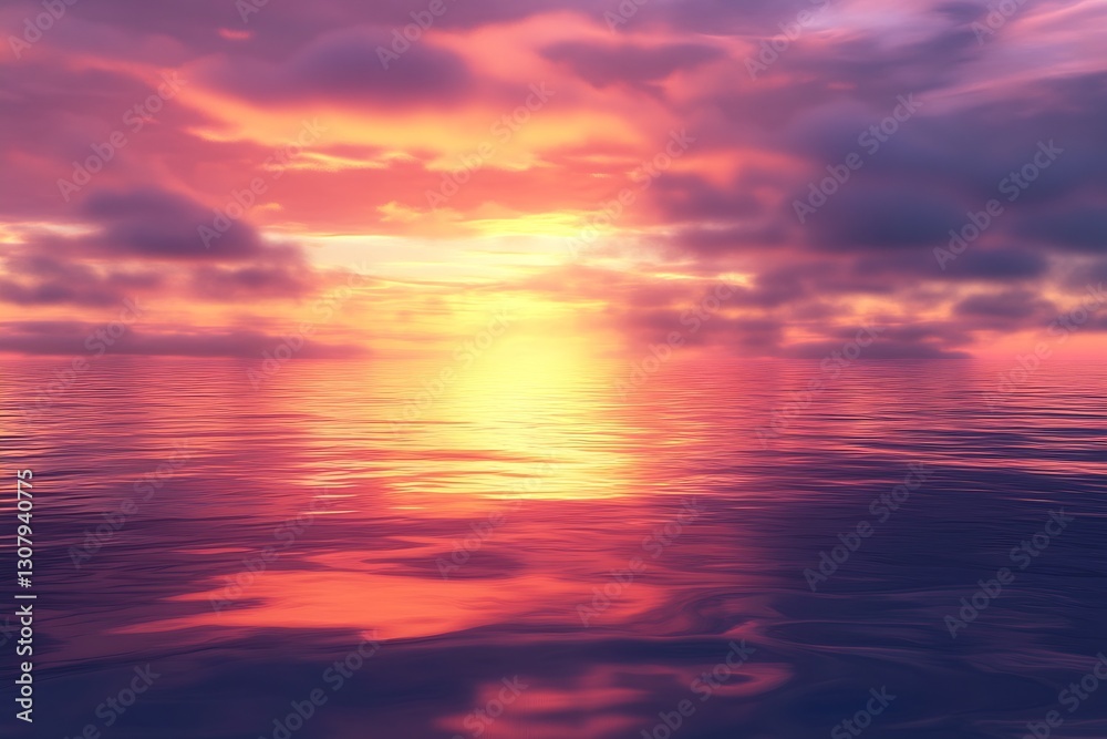 Poster serene ocean sunset with vibrant colors reflecting on calm waters under fluffy clouds : generative a