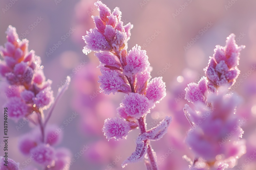 Poster Close up of frosty pink floral spikes capturing soft light and creating an ethereal winter atmosphere : Generative AI