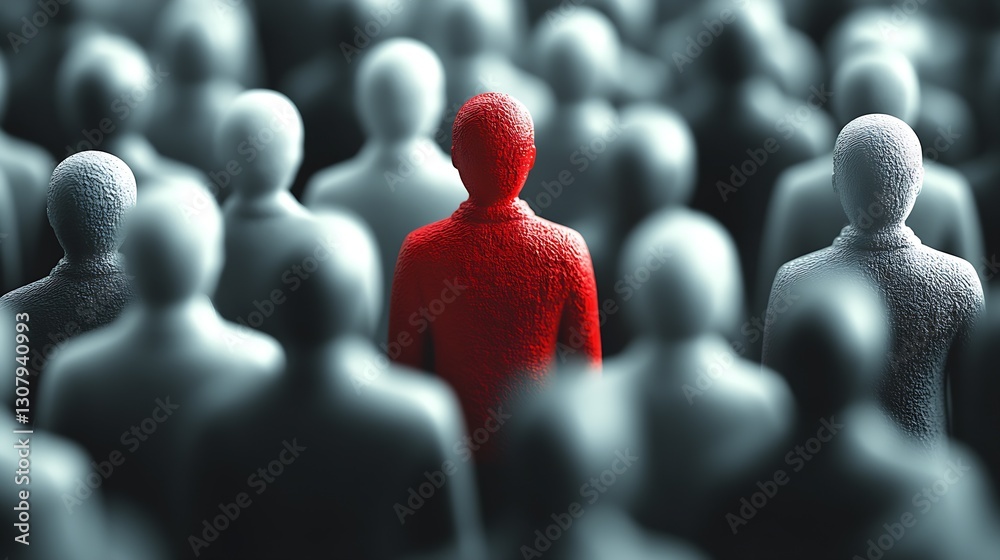 Poster Stunning visual of a red figure in a crowd of grey figures symbolizing the power of standing out as an individual : Generative AI
