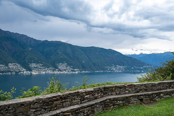 Fototapeta premium Scenic View over the Lago Maggiore in Italy with Ancona (Switzerland) and Mountains in the Background.