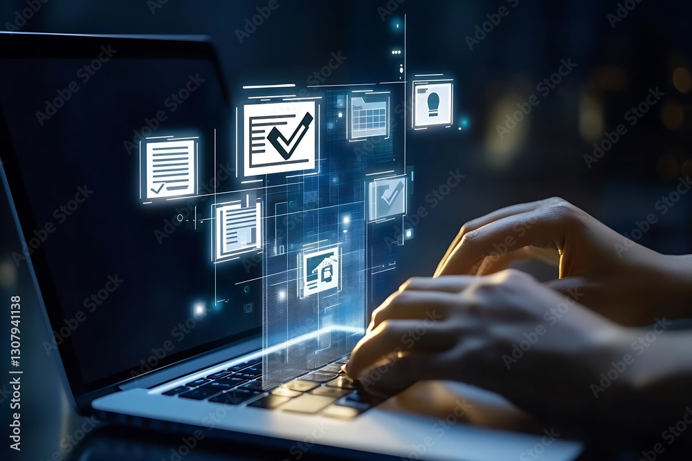 Poster Hands typing on a sleek laptop surrounded by icons representing digital checklist tasks : Generative AI