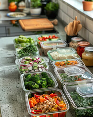 A kitchen counter filled with plant-based meal prep containers, ready for a busy week