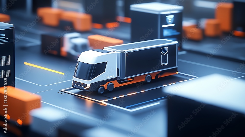 Poster futuristic delivery truck in a digital setting highlighting its role in advanced logistics operation