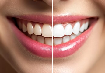 Side-by-side comparison of a smiling woman showcasing natural teeth color versus professionally whitened teeth for dental health and cosmetic improvement