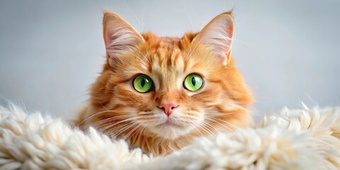 Whiskers twitching, ears perked up, a furry ball of surprise with bright green eyes peeking out from behind a fluffy ginger coat, ginger cat, whisker detail