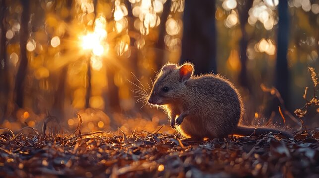 Adorable rat-kangaroo at sunset in forest.