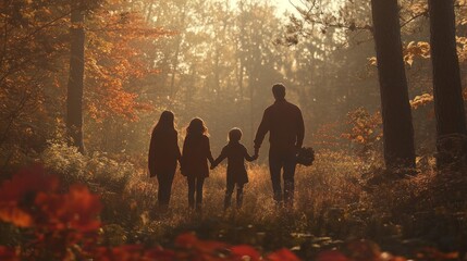 A family of four silhouettes walking hand-in-hand through a sunlit autumn forest with tall trees
