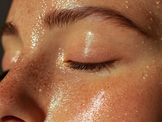 Glistening Tranquility, Close-Up of a Woman's Face with a Subtle Shine