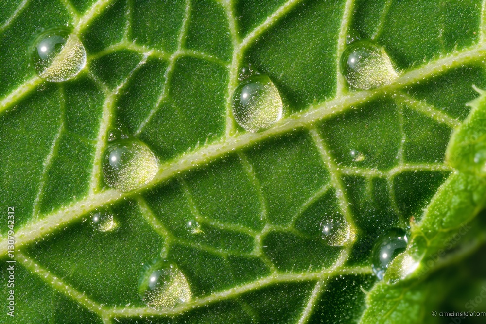 Poster macro photography of leaf with water droplets showcasing intricate details of nature : generative ai