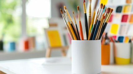 Artistic paintbrushes in white holder, surrounded by colorful palettes