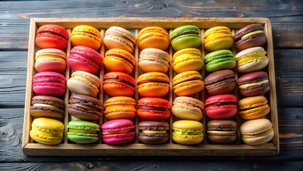 A tray of assorted colorful macarons in various shapes and flavors, cake, macaron