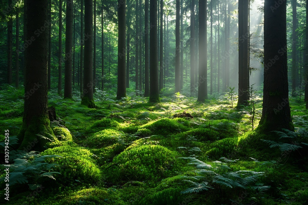 Poster Mystical forest scene capturing soft rays of sunlight through trees over a mossy and fern-laden forest floor : Generative AI