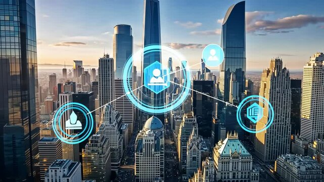Financial hartz and chart data on economy and connections. Holographic information. Futuristic city skyline