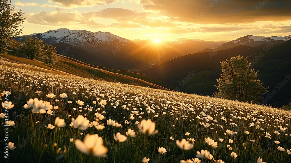 Aufkleber breathtaking sunset with flowers in a field and majestic mountains in view : generative ai