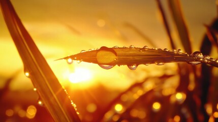 Krople wody na liściach przy zachodzie słońca