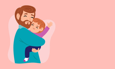 Father embracing and holding his toddler with love and care on pink background