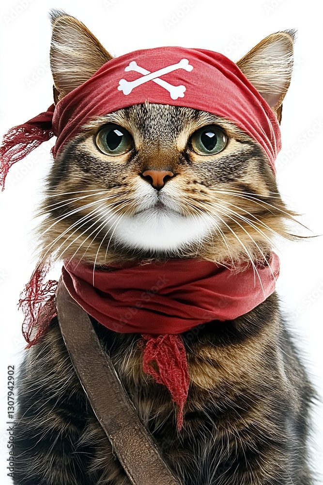Poster Charming pirate cat with a red bandana adorned with crossed bones ready for a fun photo session : Generative AI