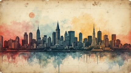 Rustic Weathered Montreal Cityscape Watercolor Painting