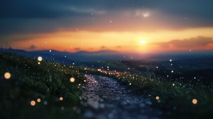 Magical sunset over hills, glowing path.