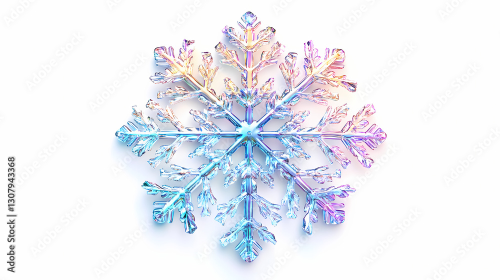 Wall mural 3d plastic holographic snowflake. realistic 3d element of shimmering metallic snowflake isolated on 