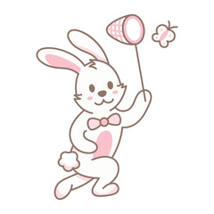 Cute Cartoon Bunny Catching a Butterfly