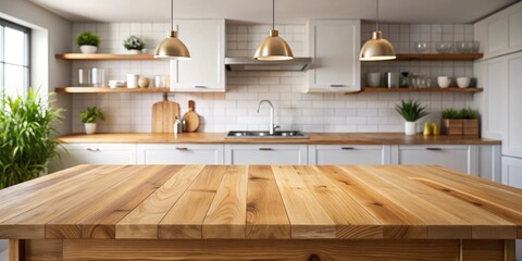 Modern Wood Table Top Counter in Empty Kitchen Space