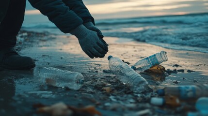 Zbieranie plastikowych butelek na plaży