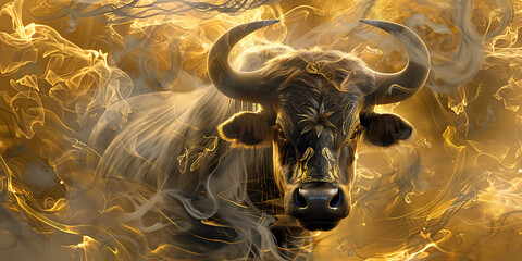 Symbol of Power: A Bull Enveloped in Mystical Golden Smoke
