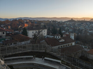 Sunset panrama of Plovdiv city from Nebet Tepe hill, Bulgaria