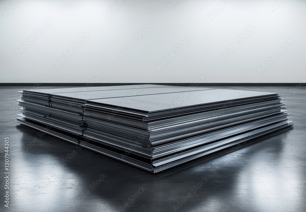 Poster stack of metallic sheets arranged neatly in an empty industrial space with a smooth black floor and 