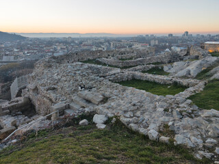 Sunset panrama of Plovdiv city from Nebet Tepe hill, Bulgaria