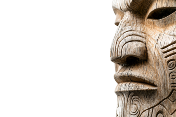 Wooden statue of a man with a mask on his face