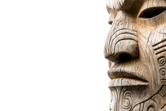 Wooden statue of a man with a mask on his face