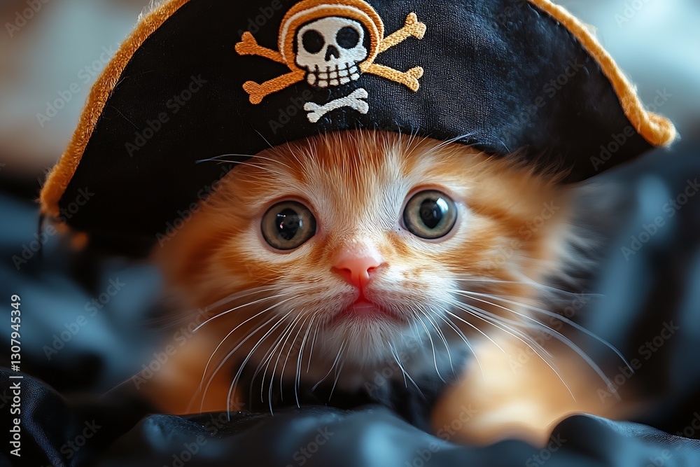 Poster adorable orange kitten dressed as a pirate with a hat and intense green eyes looking playfully at th