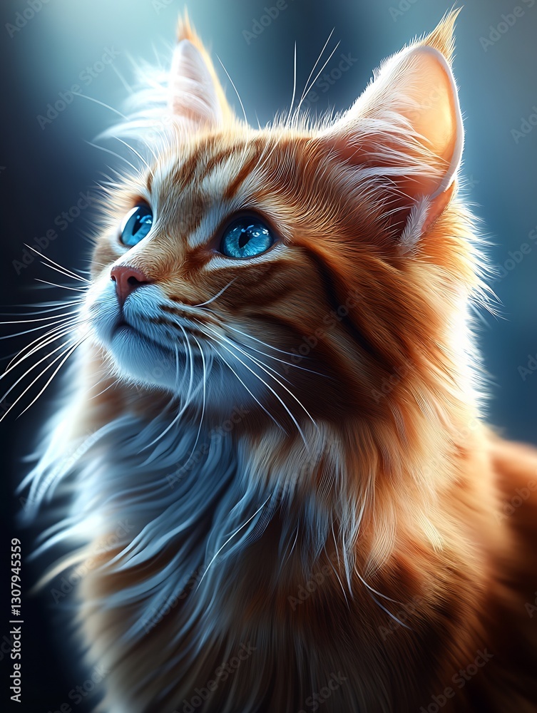 Poster charming profile view of a fluffy orange cat with vivid blue eyes gazing upwards softly illuminated 