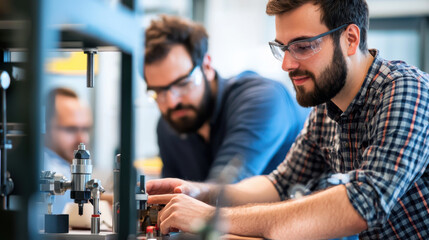 Engineers collaborating on innovative machinery in modern workspace