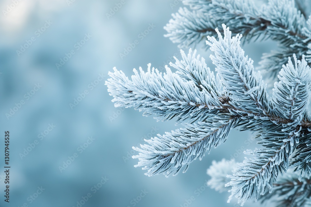 Poster beautiful frosty pine branch covered in snowflakes under a soft blue background : generative ai