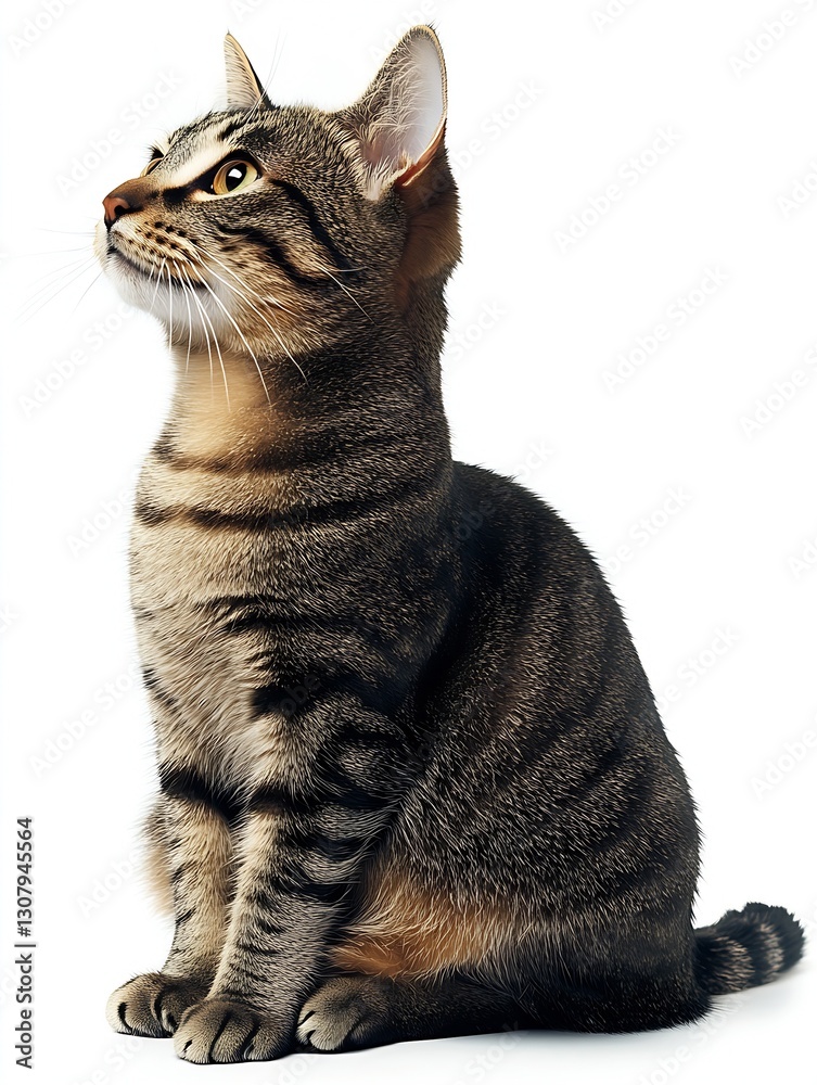 Poster adorable tabby cat sitting gracefully with striking fur and expressive eyes on white background : ge