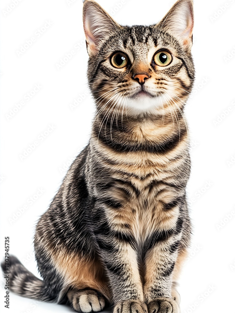 Poster charming tabby cat with unique stripes and bright green eyes posed elegantly against a white backdro