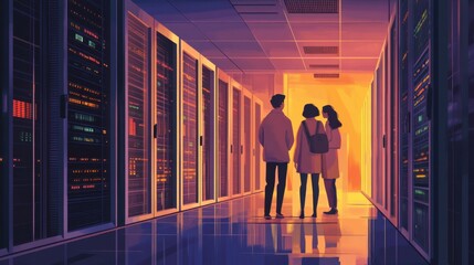 Fototapeta na wymiar Osoby w serwerowni, technologia, komputery, infrastruktura it