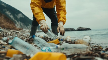 Fototapeta premium Osoba sprzątająca plażę z plastikowymi butelkami