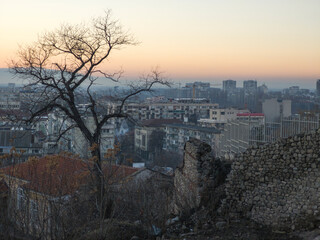 Sunset panrama of Plovdiv city from Nebet Tepe hill, Bulgaria
