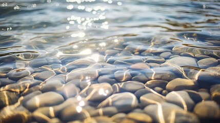 Fototapeta premium Clear water over smooth river stones, sunlight reflecting.