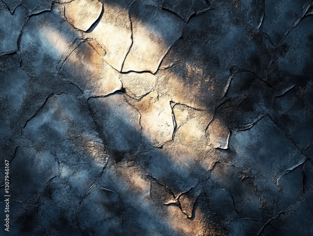 Poster textured dark surface with cracks and glimmers of light in a unique abstract composition displaying 