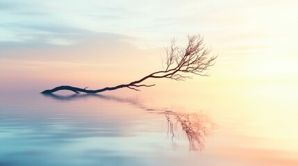 Fototapeta premium Solitary tree branch reflected in calm water at sunset.