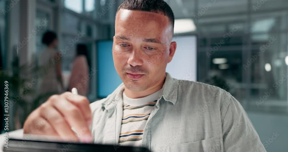 Aufkleber Business, man and writing on tablet in office for database management, data collection or pattern analysis. Stylus, analyst and digital checklist for problem solving, online report or user experience