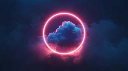 Fototapeta premium Neon Circle Enframing a Cloud: Dreamlike Nightscape